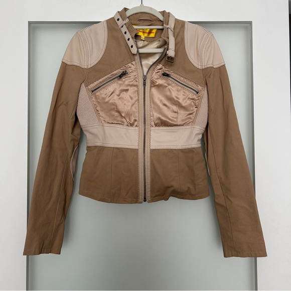 Catherine Malandrino tan leather and silk zip up neutral jacket small